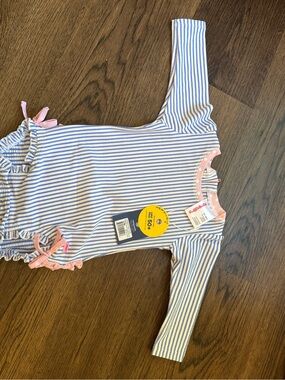 RuffleButts Striped One-Piece Swimsuit - Blue & White with Pink Trim